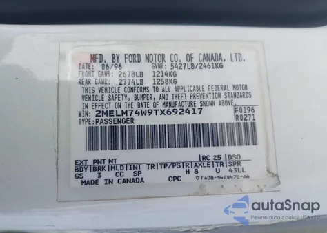 1996 Mercury Grand Marquis Gs z USA, uszkodzony, nr VIN 2MELM74W9TX692417